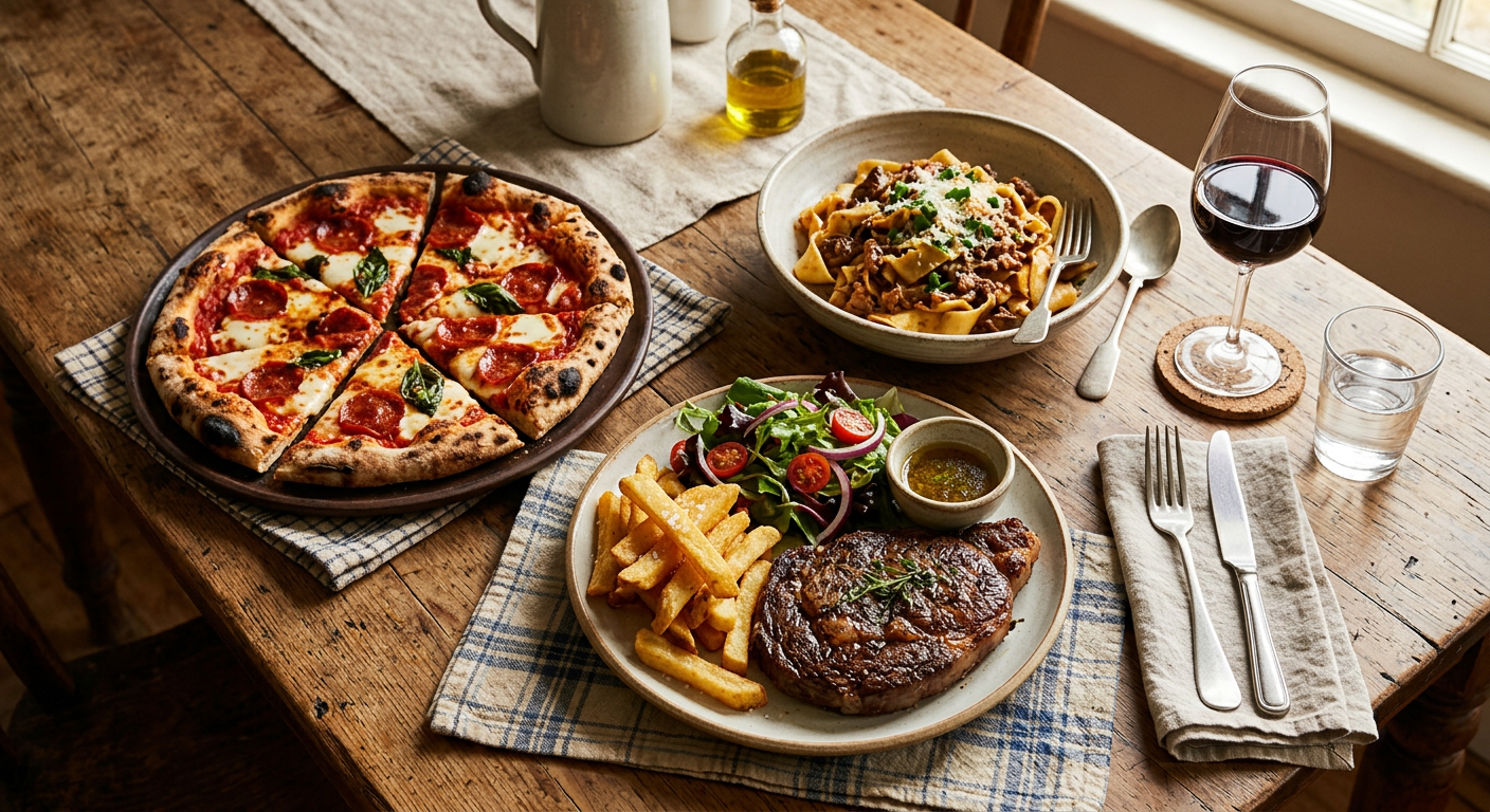 A timber table set with pizza, pasta, steak and chips, and a glass of red wine
