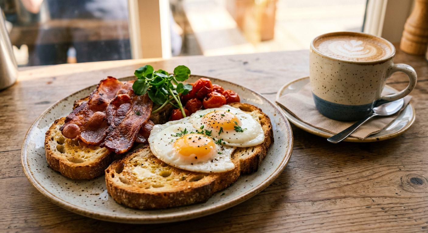 Bacon and eggs on toast served with a cup of coffee